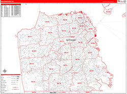 San Francisco Wall Map Zip Code Red Line Style 2026